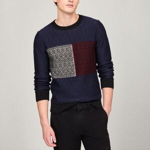 Tommy Hilfiger Navy and Burgundy Crewneck Sweater